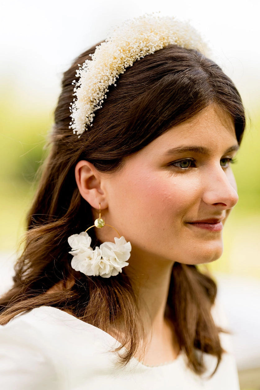 Jeune mariée portant des boucles d'oreilles blanches en forme de créoles avec des fleurs d'hortensia stabilisés blanches. Créé par Bellemond.