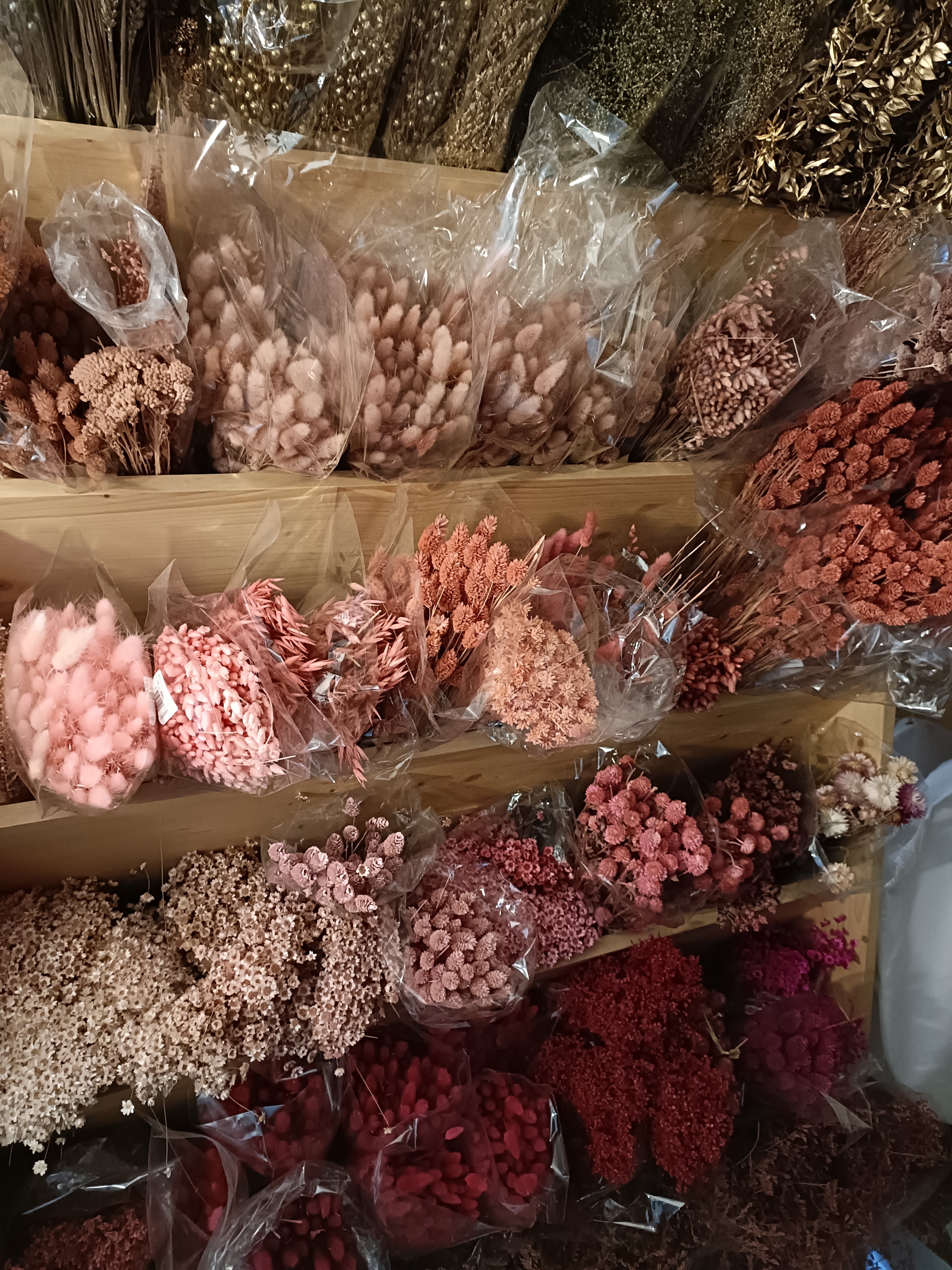 Fleurs séchées et stabilisées bien rangées dans l'atelier.